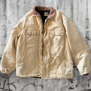 Carhartt Blanket Lined Duck Work Jacket Tan Brown Collar Distressed, Faded Tag L